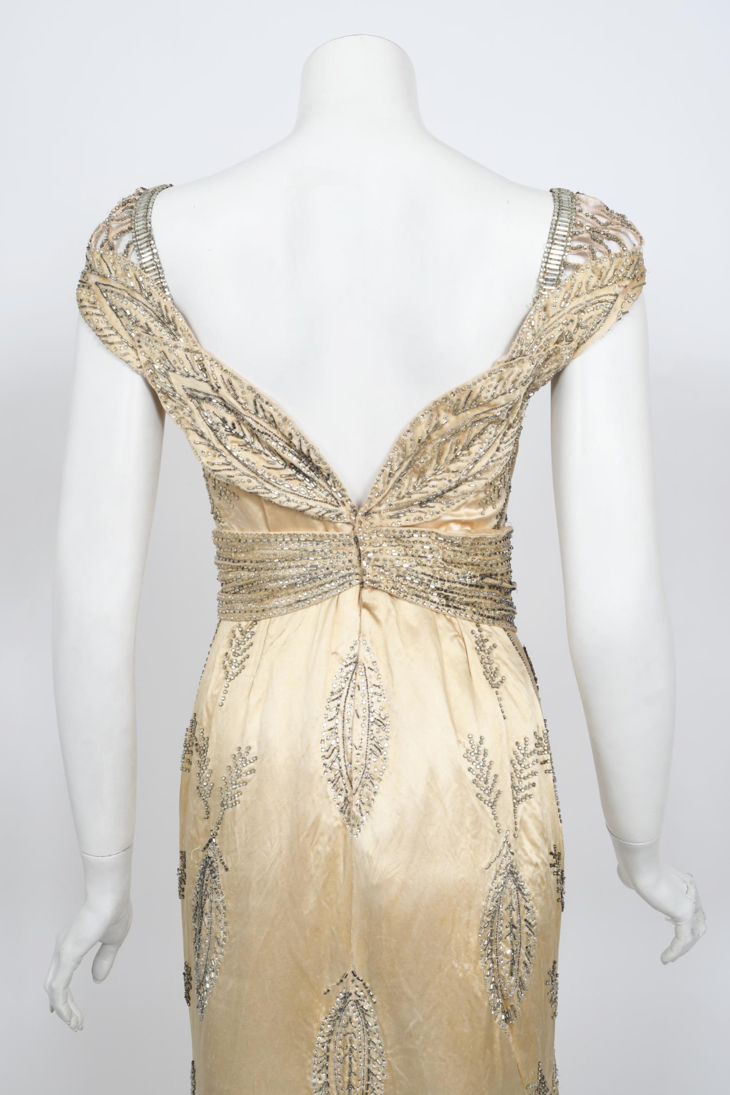Vintage 1930's Rhinestone Beaded Candlelight Silk Trained Old Hollywood Gown For Sale 13