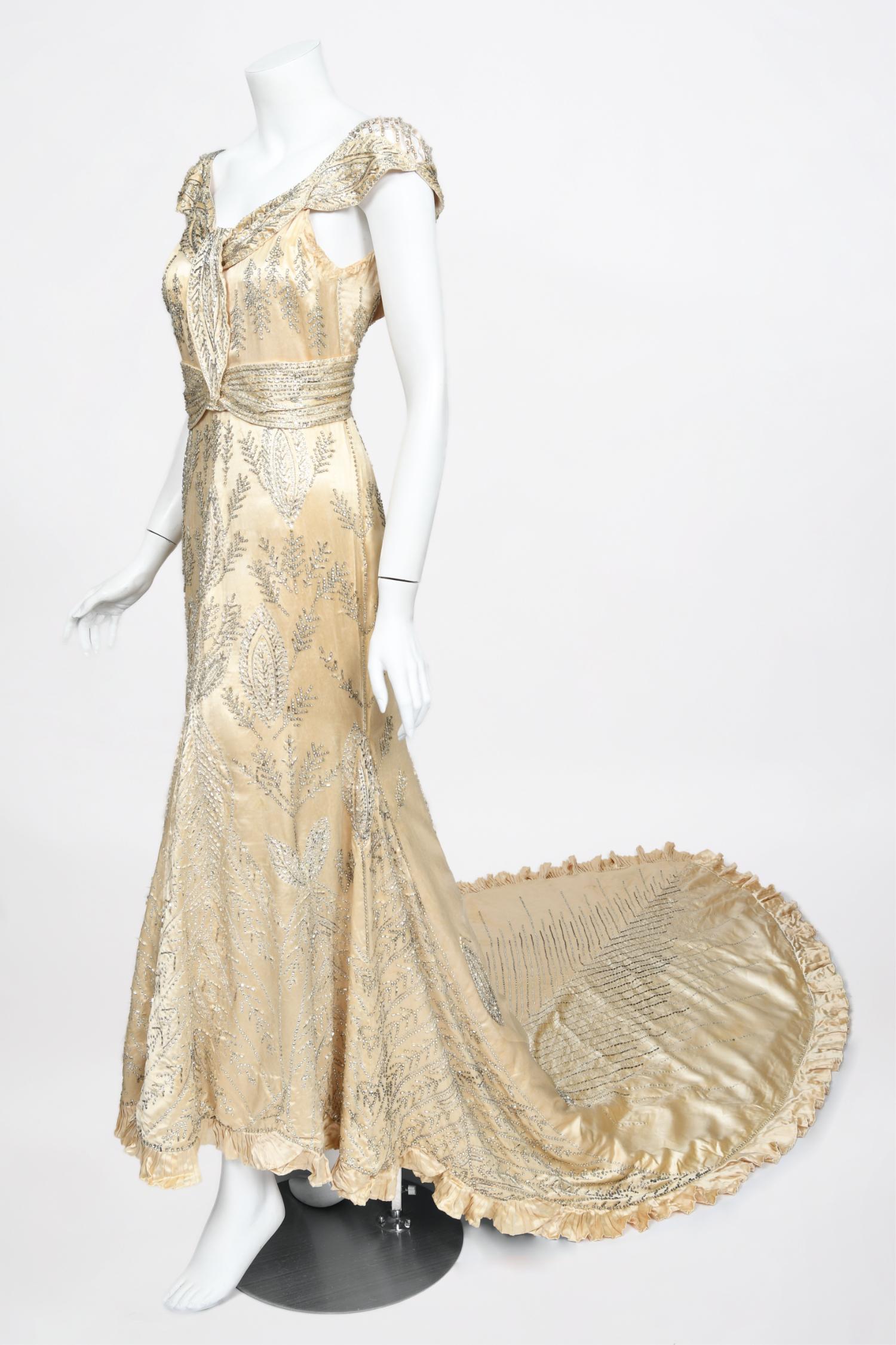 Vintage 1930's Rhinestone Beaded Candlelight Silk Trained Old Hollywood Gown For Sale 2