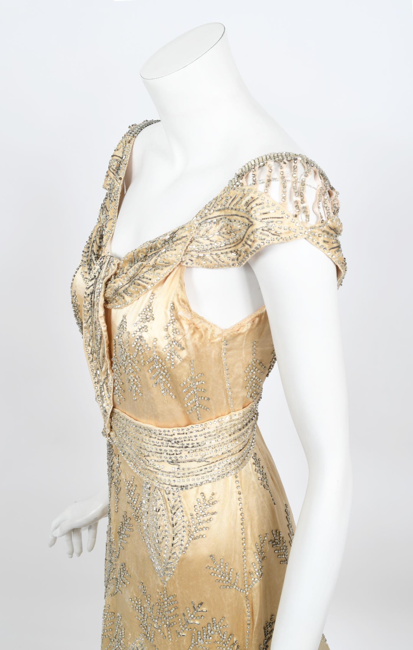 Vintage 1930's Rhinestone Beaded Candlelight Silk Trained Old Hollywood Gown For Sale 3