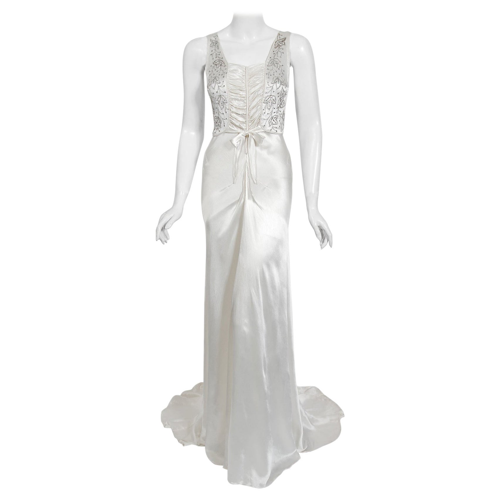 Vintage 1930's Rhinestone Beaded White Silk Satin Bias-Cut Trained Bridal Gown