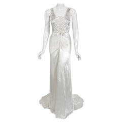Vintage 1930's Rhinestone Beaded White Silk Satin Bias-Cut Trained Bridal Gown