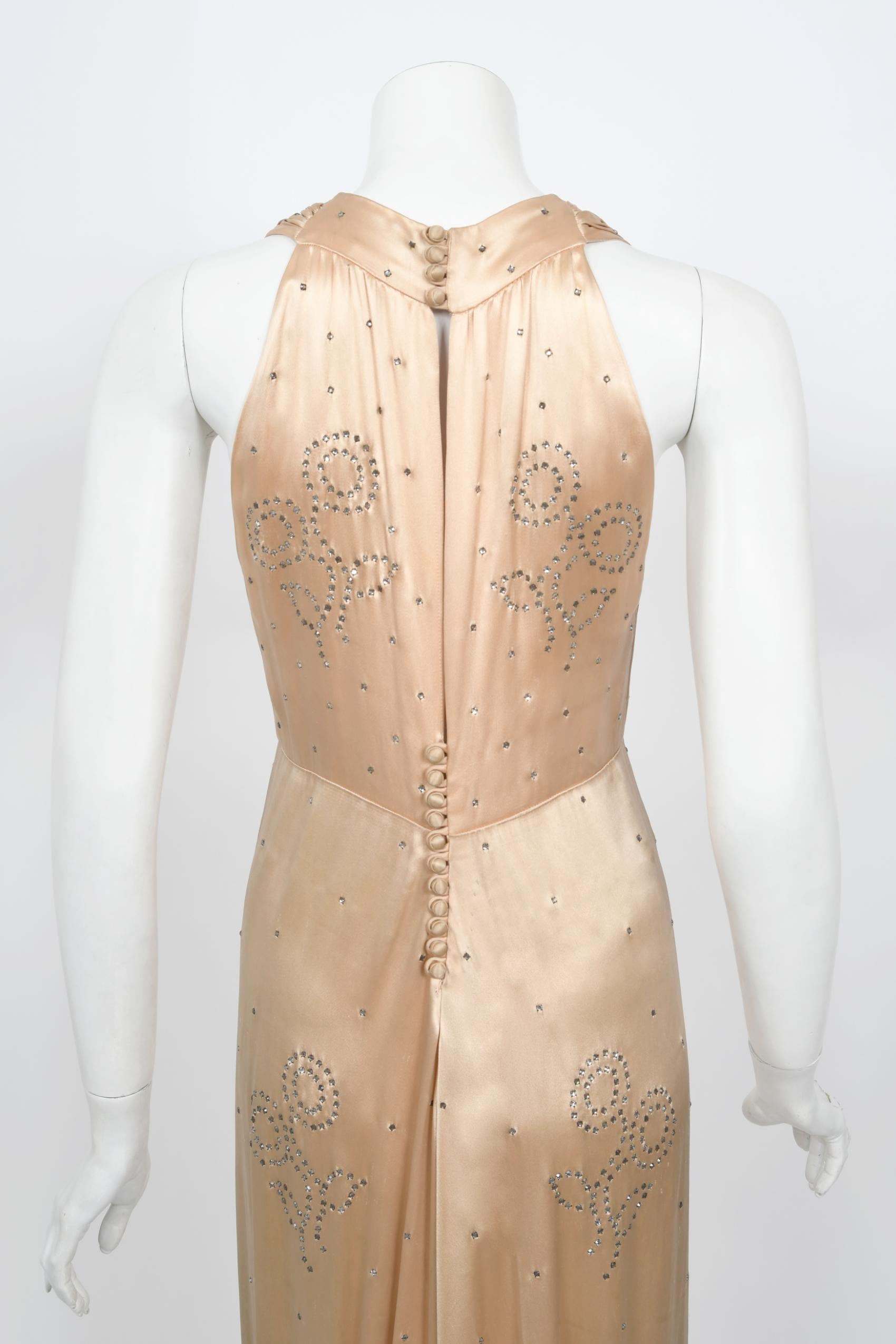 Vintage 1930's Rhinestone Studded Blush Silk Satin Old Hollywood Bias-Cut Gown 5