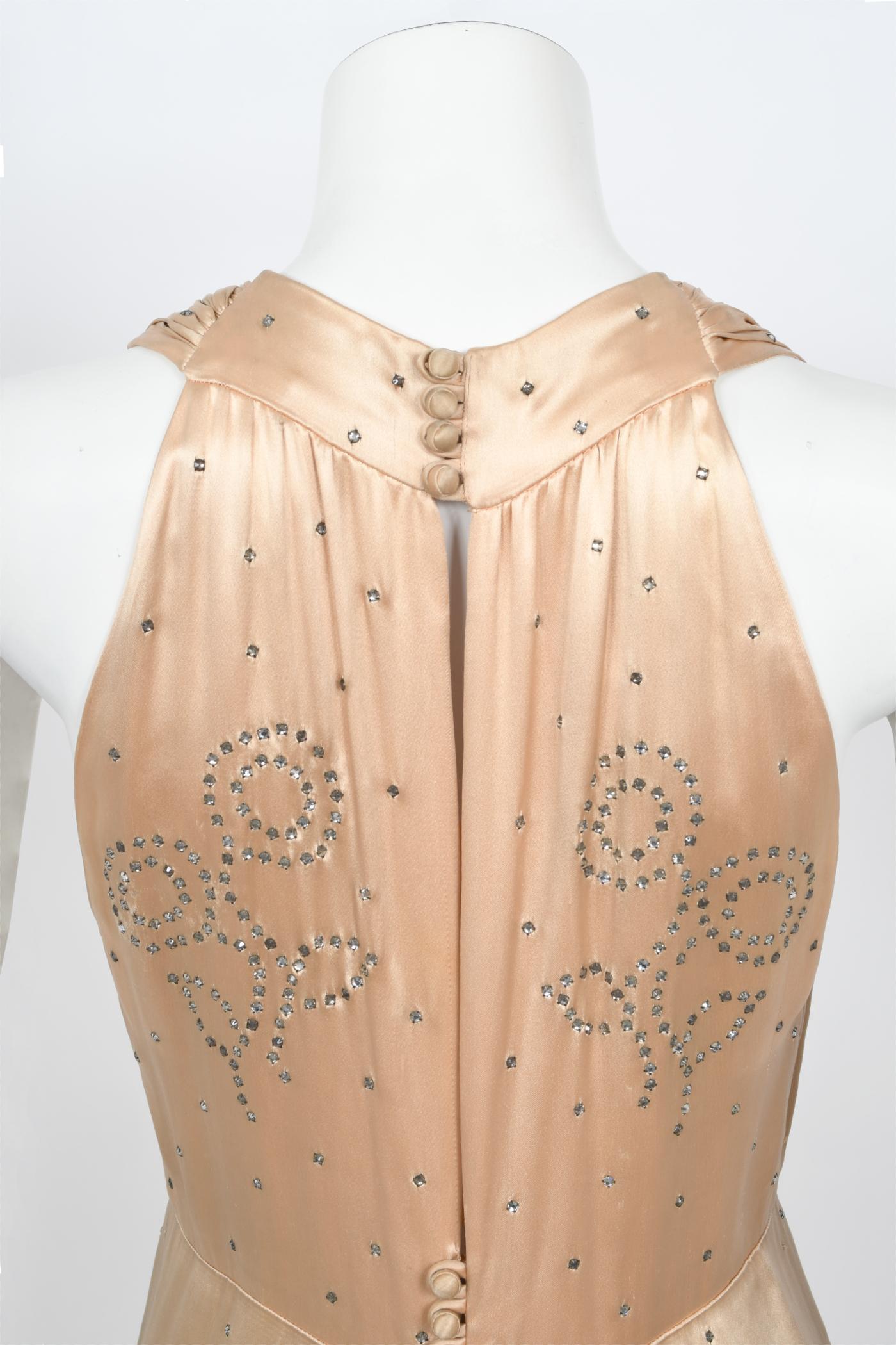 Vintage 1930's Rhinestone Studded Blush Silk Satin Old Hollywood Bias-Cut Gown 6