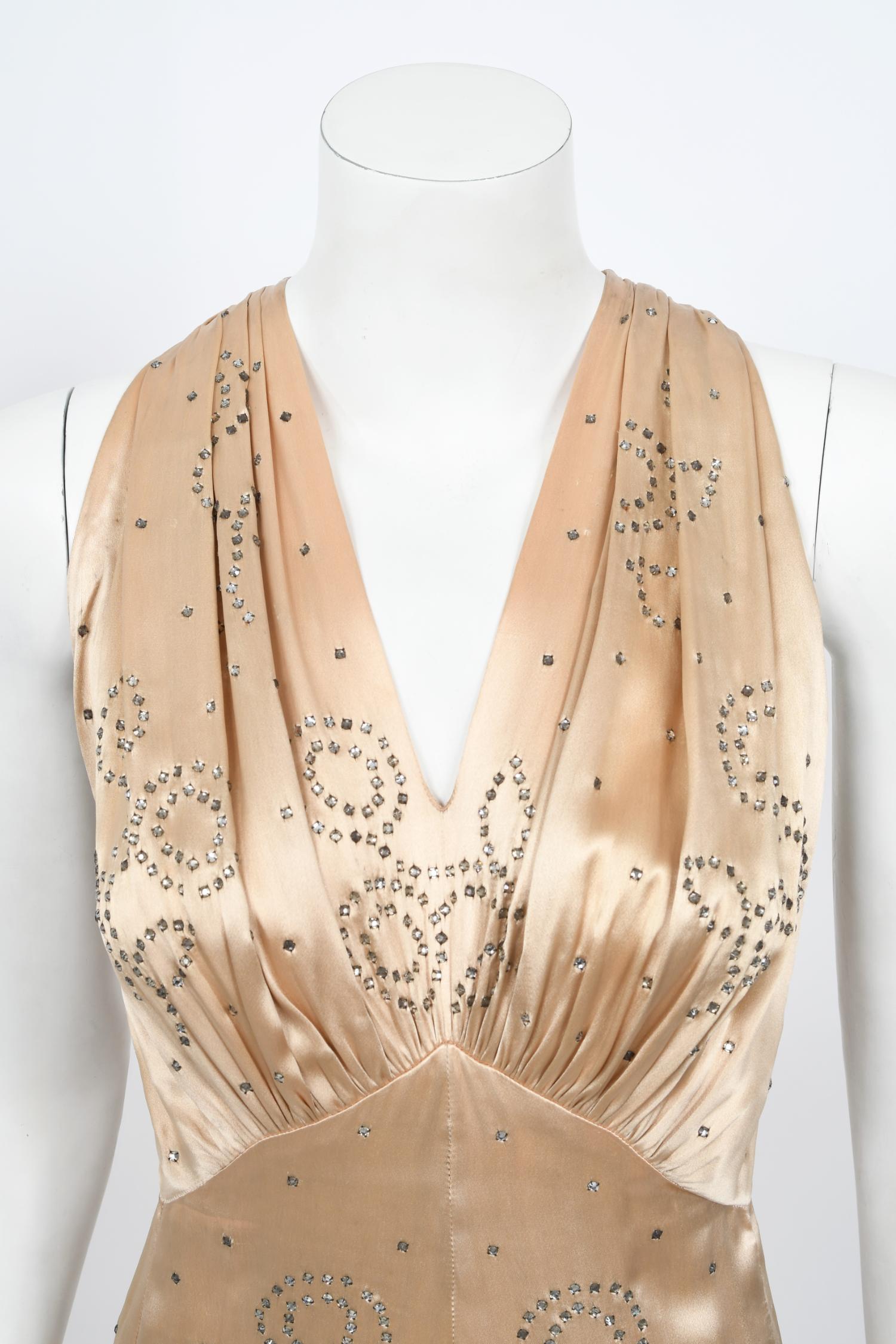 Beige Vintage 1930's Rhinestone Studded Blush Silk Satin Old Hollywood Bias-Cut Gown