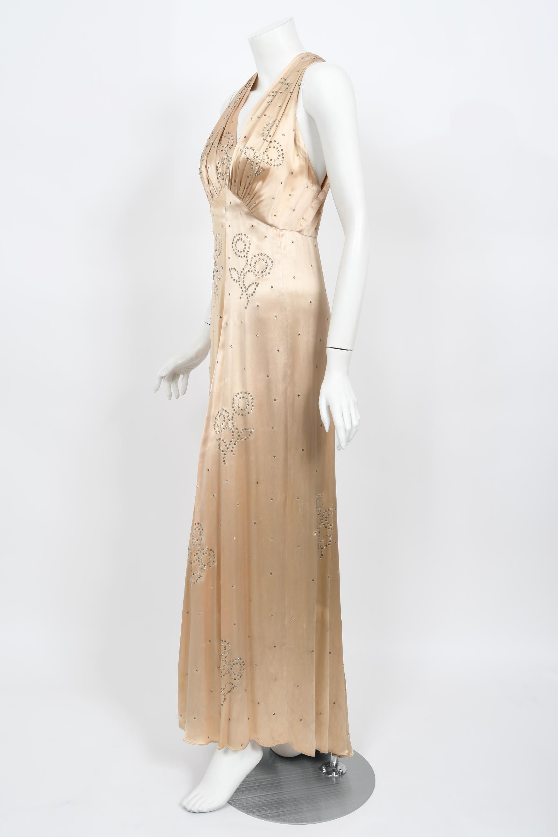 Vintage 1930's Rhinestone Studded Blush Silk Satin Old Hollywood Bias-Cut Gown In Good Condition In Beverly Hills, CA
