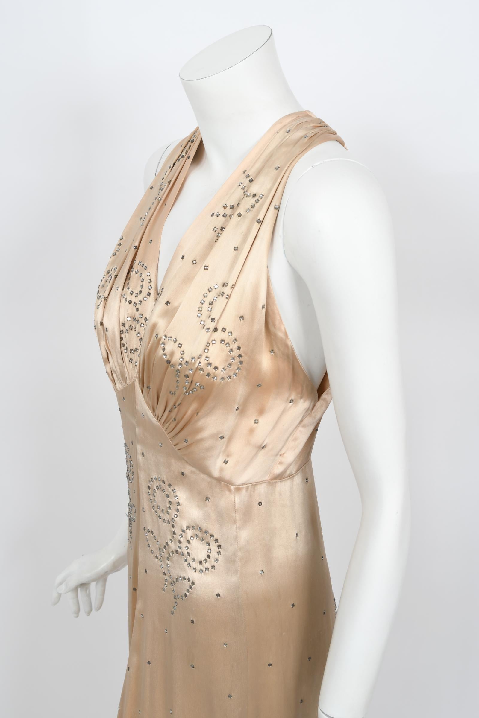 Women's Vintage 1930's Rhinestone Studded Blush Silk Satin Old Hollywood Bias-Cut Gown