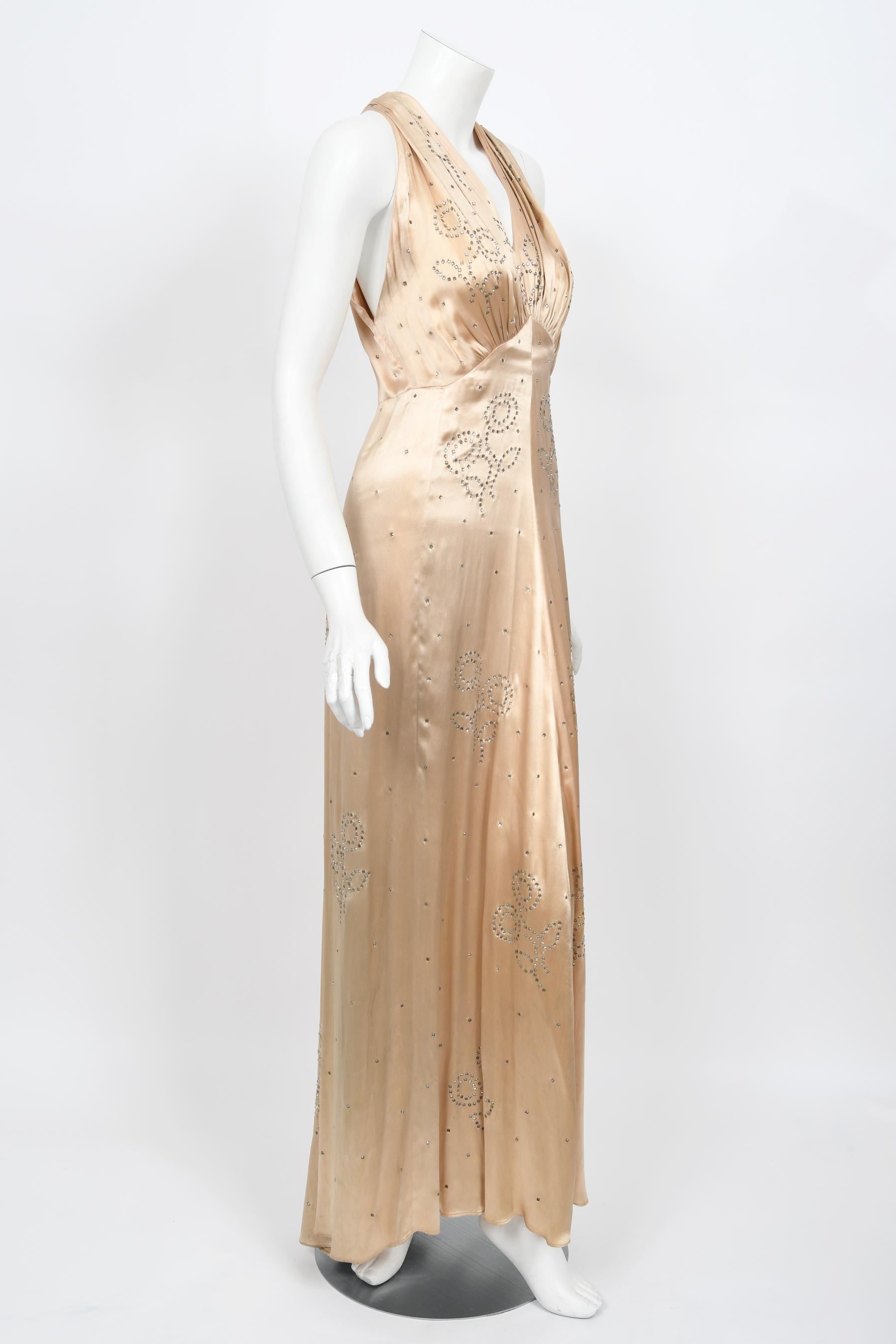 Vintage 1930's Rhinestone Studded Blush Silk Satin Old Hollywood Bias-Cut Gown 2