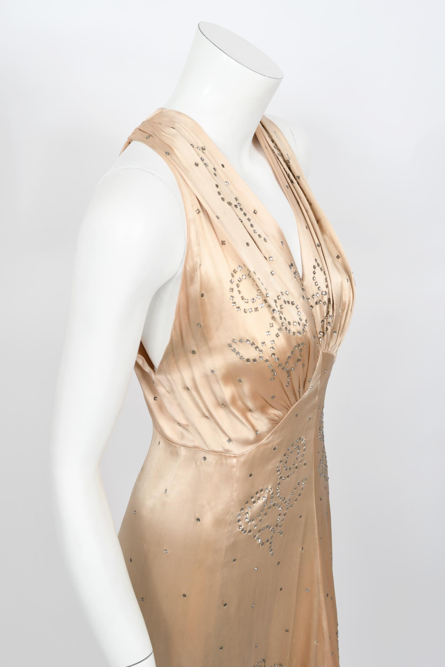 Vintage 1930's Rhinestone Studded Blush Silk Satin Old Hollywood Bias-Cut Gown 3