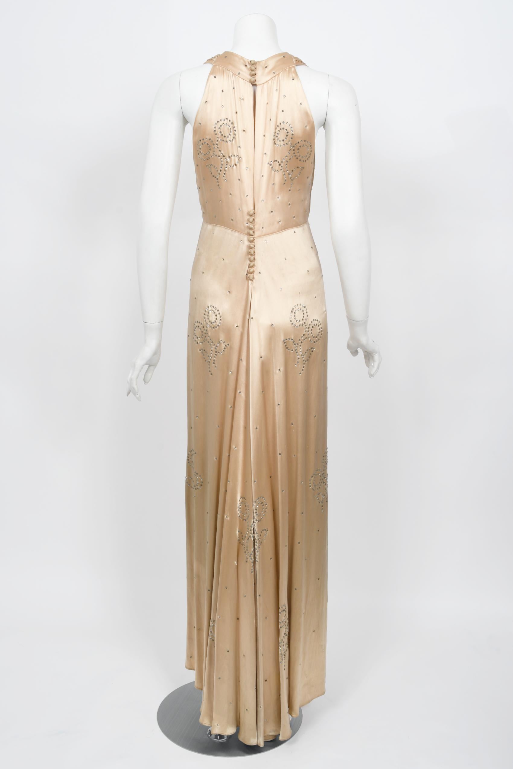 Vintage 1930's Rhinestone Studded Blush Silk Satin Old Hollywood Bias-Cut Gown 4