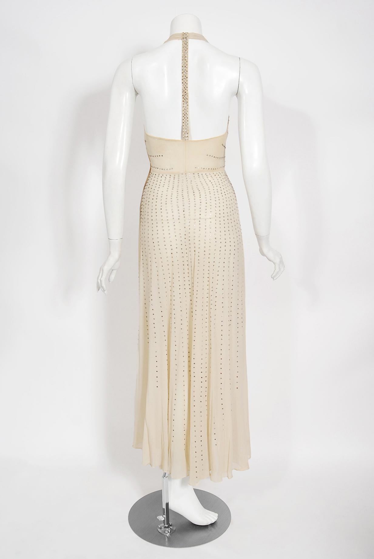 Vintage 1930's Rhinestone Studded Sheer Ivory Chiffon Bias-Cut Halter Dress Gown 5