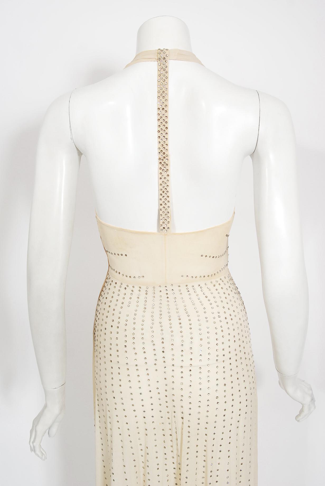 Vintage 1930's Rhinestone Studded Sheer Ivory Chiffon Bias-Cut Halter Dress Gown 6
