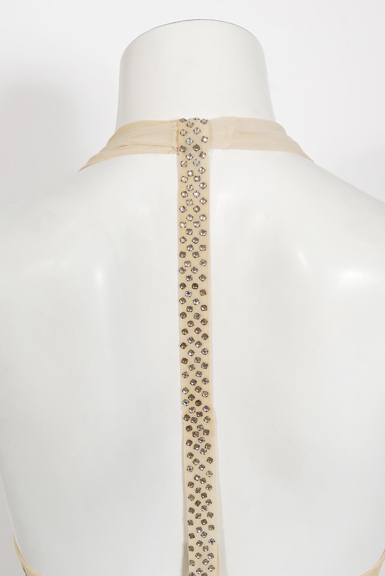 Vintage 1930's Rhinestone Studded Sheer Ivory Chiffon Bias-Cut Halter Dress Gown 7