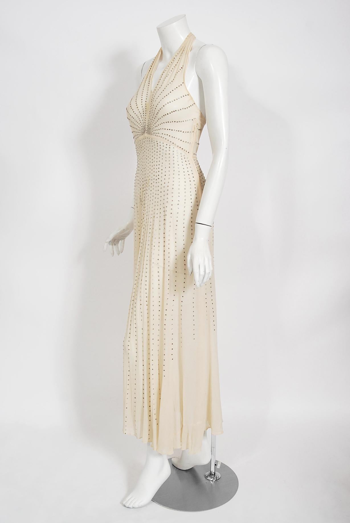 Vintage 1930's Rhinestone Studded Sheer Ivory Chiffon Bias-Cut Halter Dress Gown In Good Condition In Beverly Hills, CA