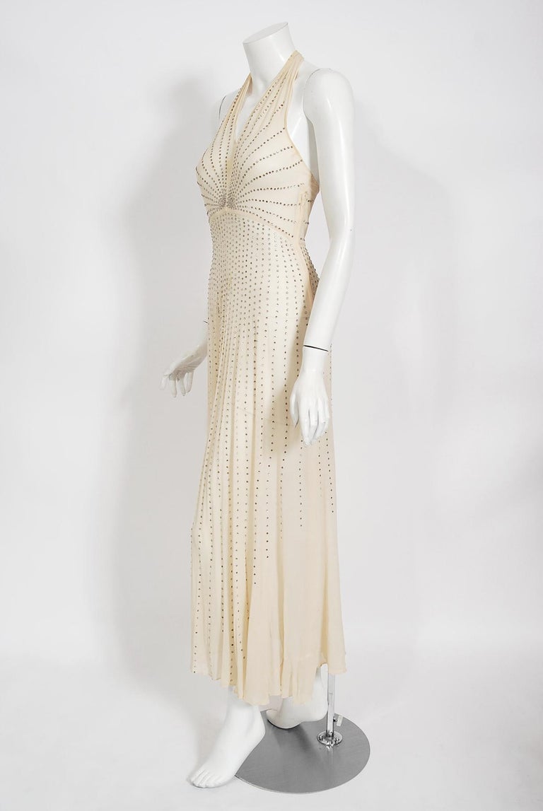 Vintage 1930's Rhinestone Studded Sheer Ivory Chiffon Bias-Cut Halter Dress  Gown at 1stDibs