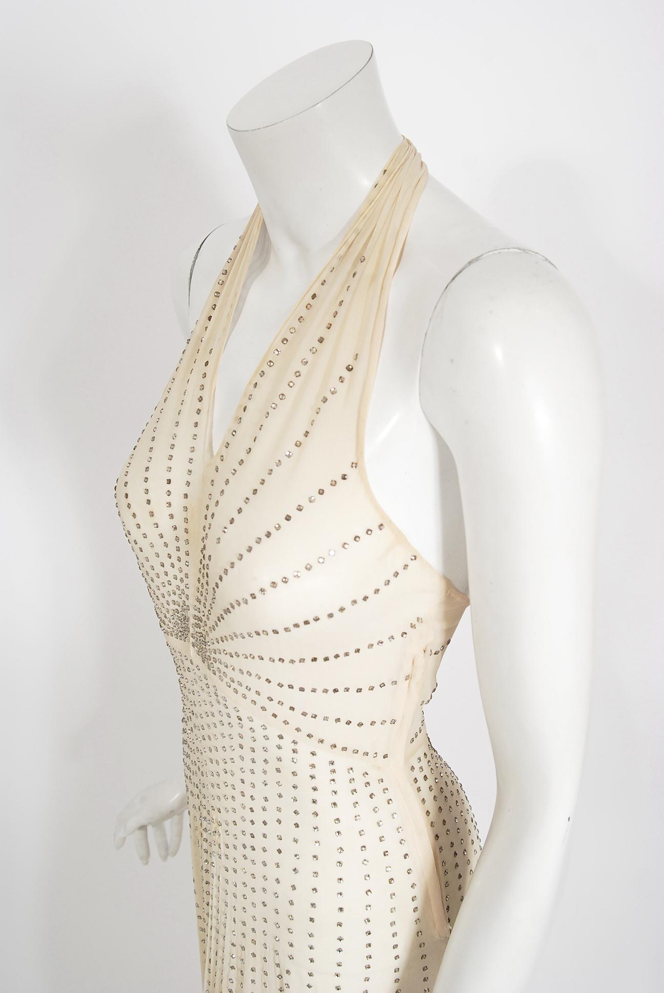 Women's Vintage 1930's Rhinestone Studded Sheer Ivory Chiffon Bias-Cut Halter Dress Gown