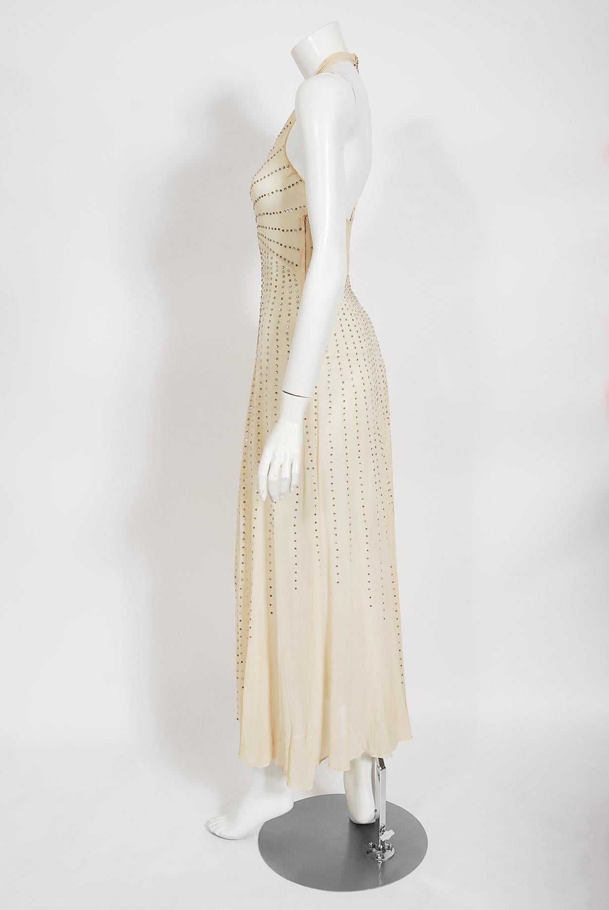 Vintage 1930's Rhinestone Studded Sheer Ivory Chiffon Bias-Cut Halter Dress Gown 1
