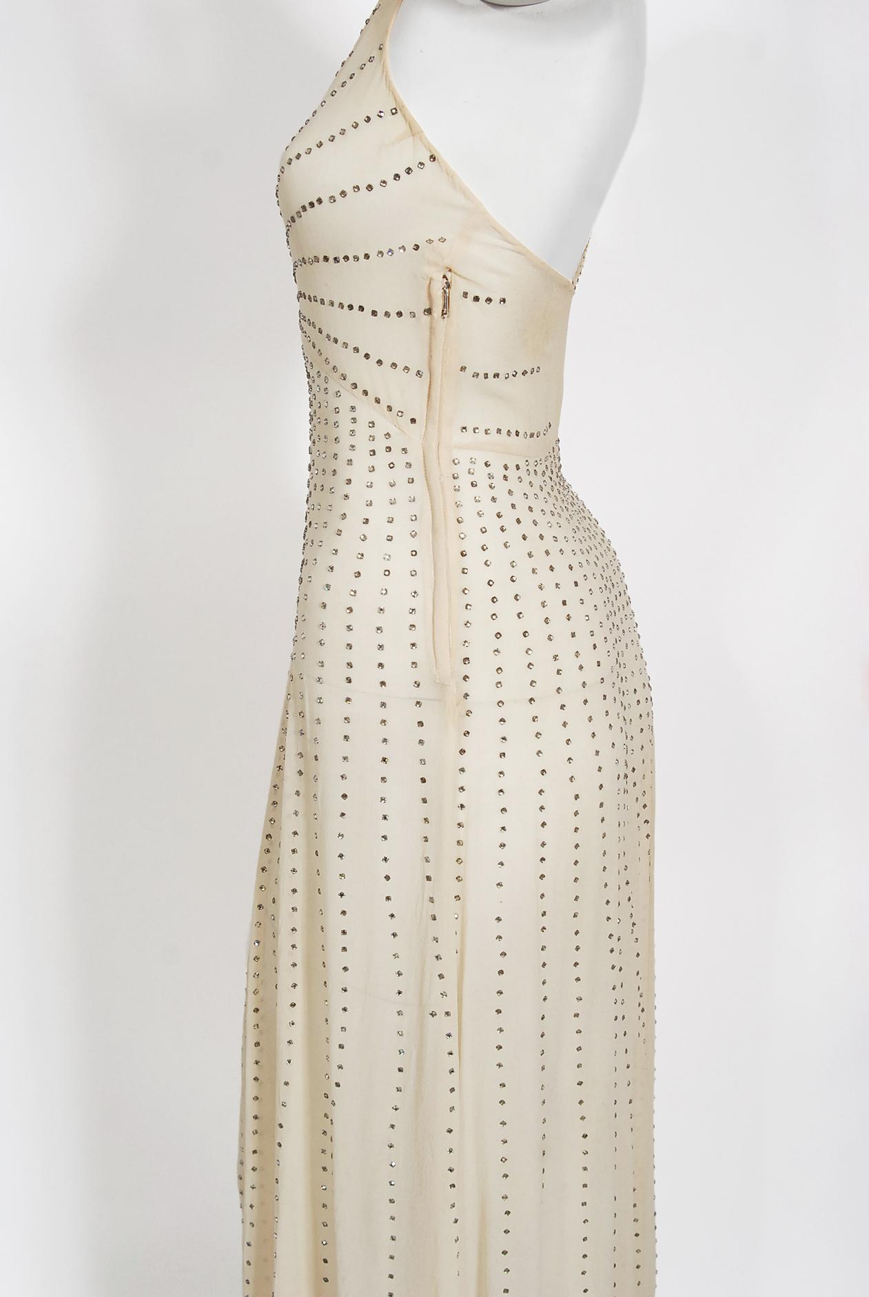 Vintage 1930's Rhinestone Studded Sheer Ivory Chiffon Bias-Cut Halter Dress Gown 2