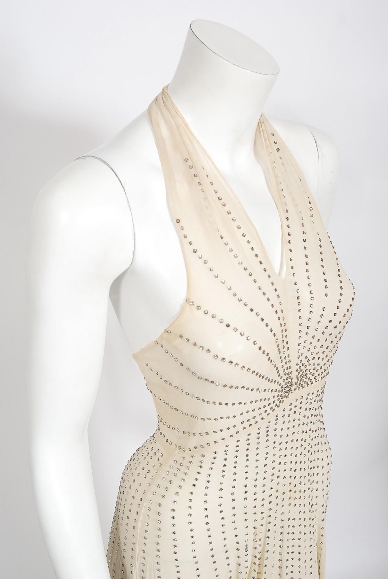 Vintage 1930's Rhinestone Studded Sheer Ivory Chiffon Bias-Cut Halter Dress Gown 3