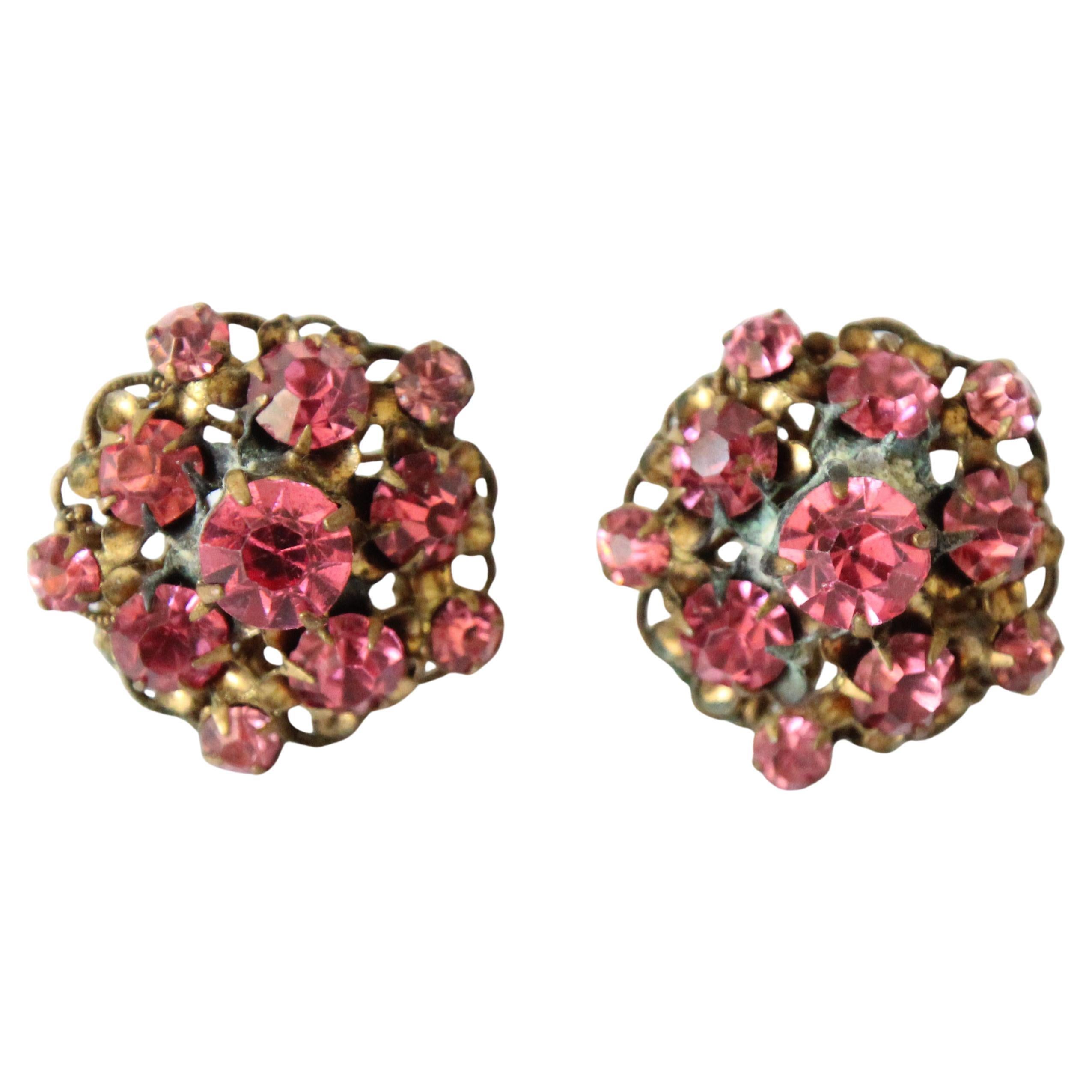 Vintage 1930's rose rhinestone screw back earrings original 1930s pink earrings