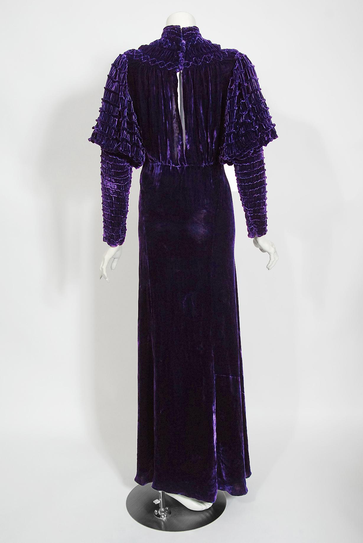 Vintage 1930's Royal Purple Seide-Samt gerüschte Hammel Ärmel Bias-Cut Deko-Kleid 5