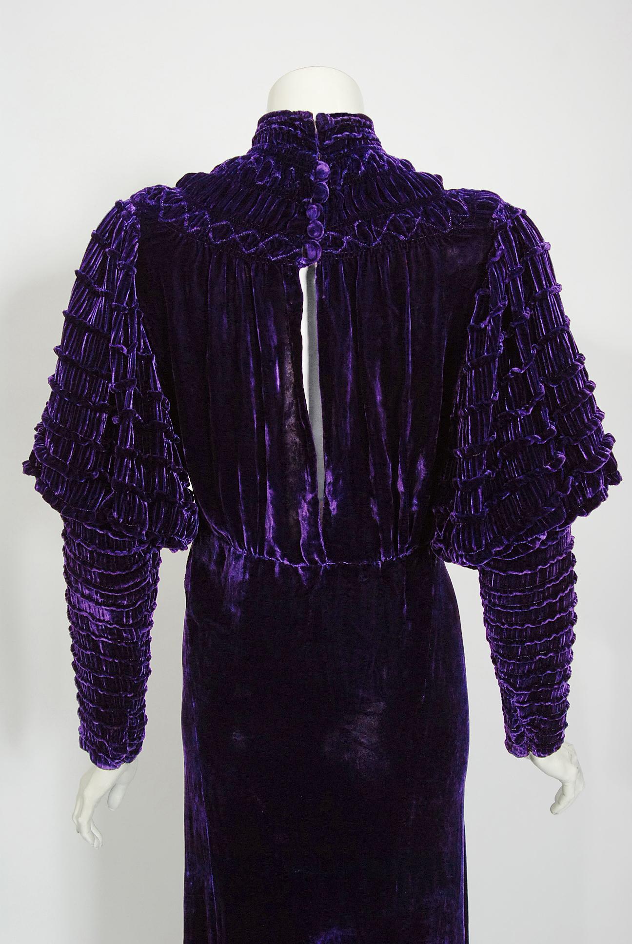Vintage 1930's Royal Purple Silk-Velvet Ruched Mutton Sleeve Bias-Cut Deco Gown 3