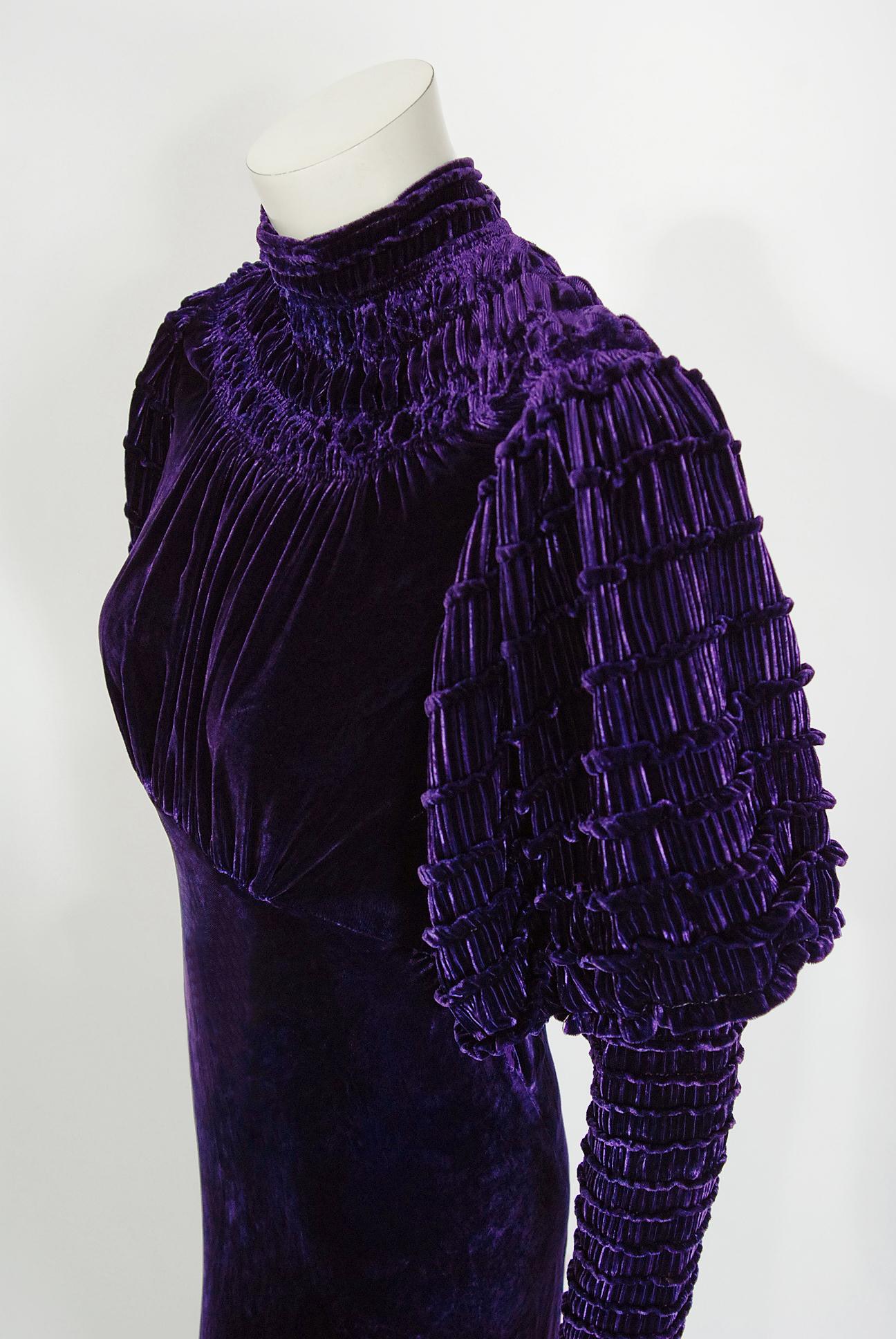 Women's Vintage 1930's Royal Purple Silk-Velvet Ruched Mutton Sleeve Bias-Cut Deco Gown