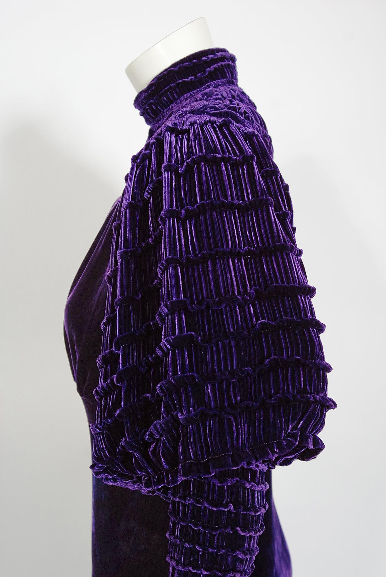 Vintage 1930's Royal Purple Seide-Samt gerüschte Hammel Ärmel Bias-Cut Deko-Kleid 4
