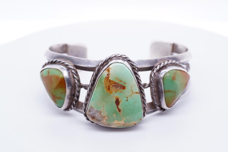 Native American Vintage 1930s Royston Navajo Green Triple Turquoise Sterling Cuff Bracelet For Sale