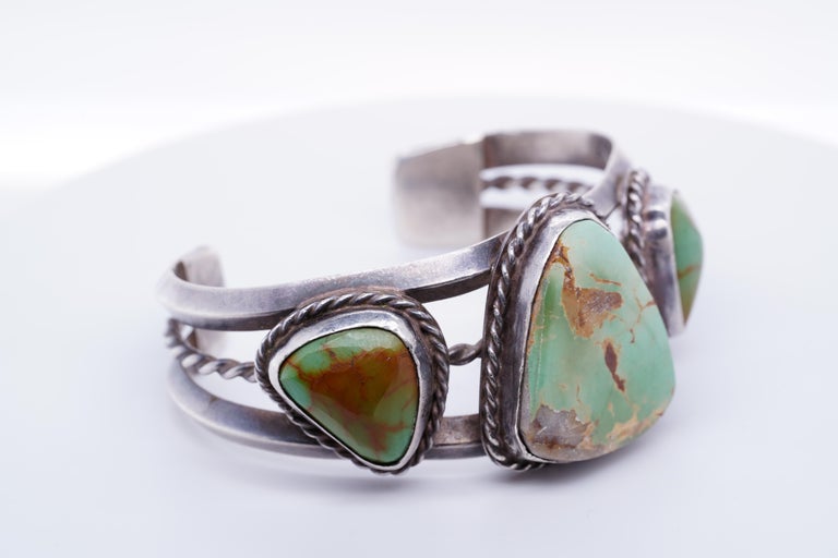Vintage 1930s Royston Navajo Green Triple Turquoise Sterling Cuff Bracelet In Excellent Condition For Sale In Bozeman, MT