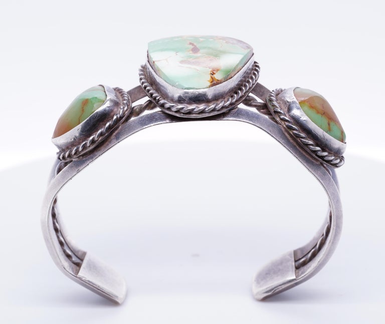 Vintage 1930s Royston Navajo Green Triple Turquoise Sterling Cuff Bracelet For Sale 2