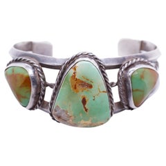 Vintage 1930s Royston Navajo Green Triple Turquoise Sterling Cuff Bracelet