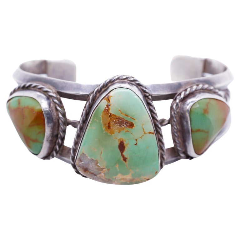 Vintage 1930s Royston Navajo Green Triple Turquoise Sterling Cuff Bracelet For Sale