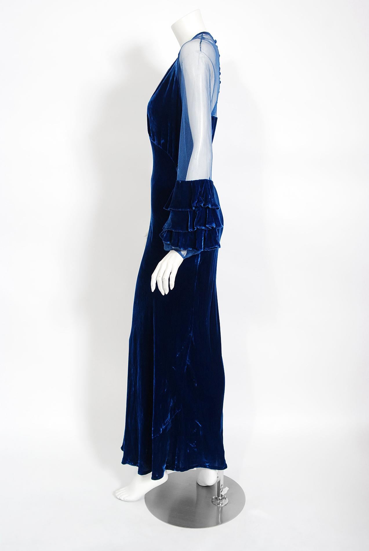 Vintage 1930's Sapphire Blue Silk-Velvet Sheer Ruffle Sleeves Bias-Cut Deco Gown In Good Condition In Beverly Hills, CA