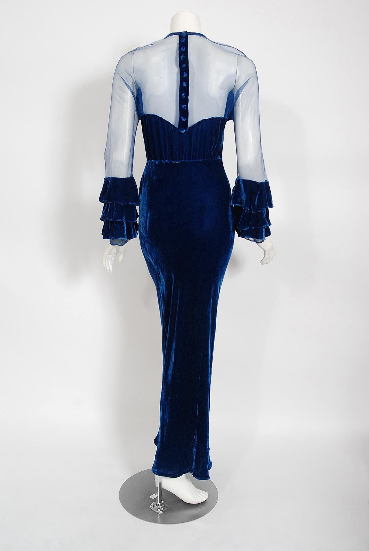 Women's or Men's Vintage 1930's Sapphire Blue Silk-Velvet Sheer Ruffle Sleeves Bias-Cut Deco Gown
