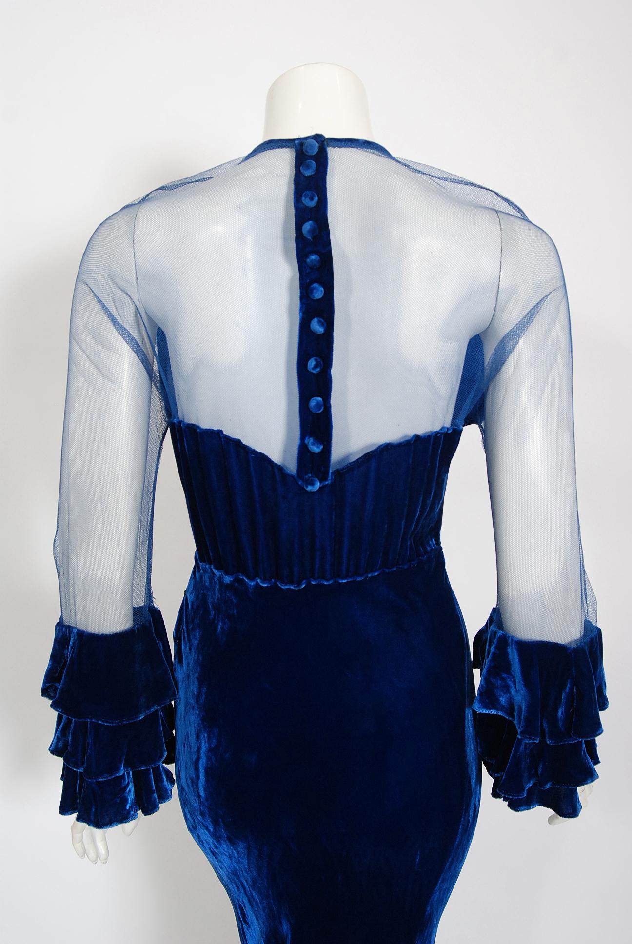 Vintage 1930's Sapphire Blue Silk-Velvet Sheer Ruffle Sleeves Bias-Cut Deco Gown 1