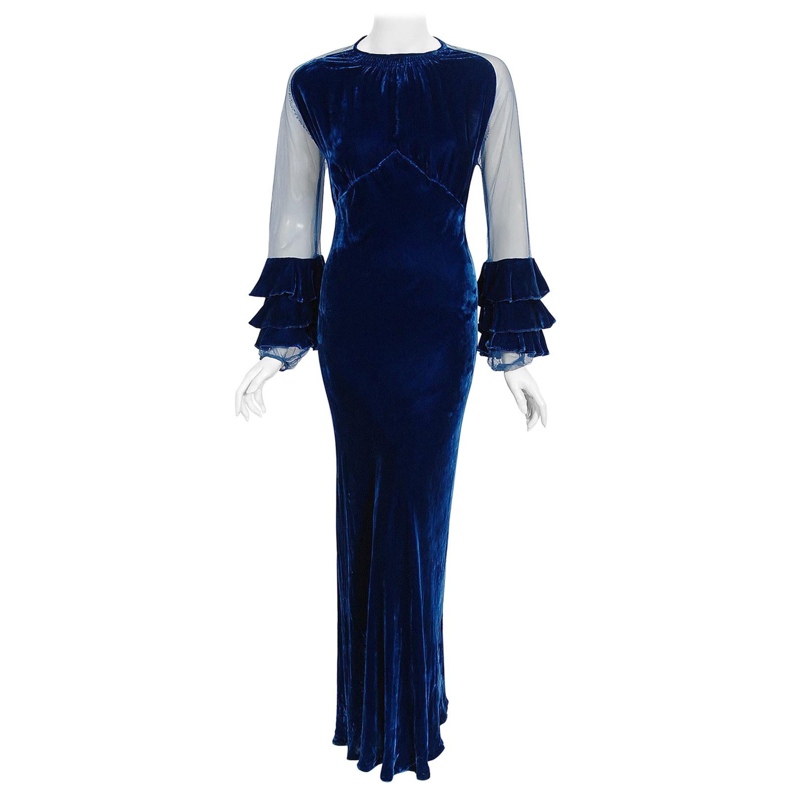Vintage 1930's Sapphire Blue Silk-Velvet Sheer Ruffle Sleeves Bias-Cut Deco Gown