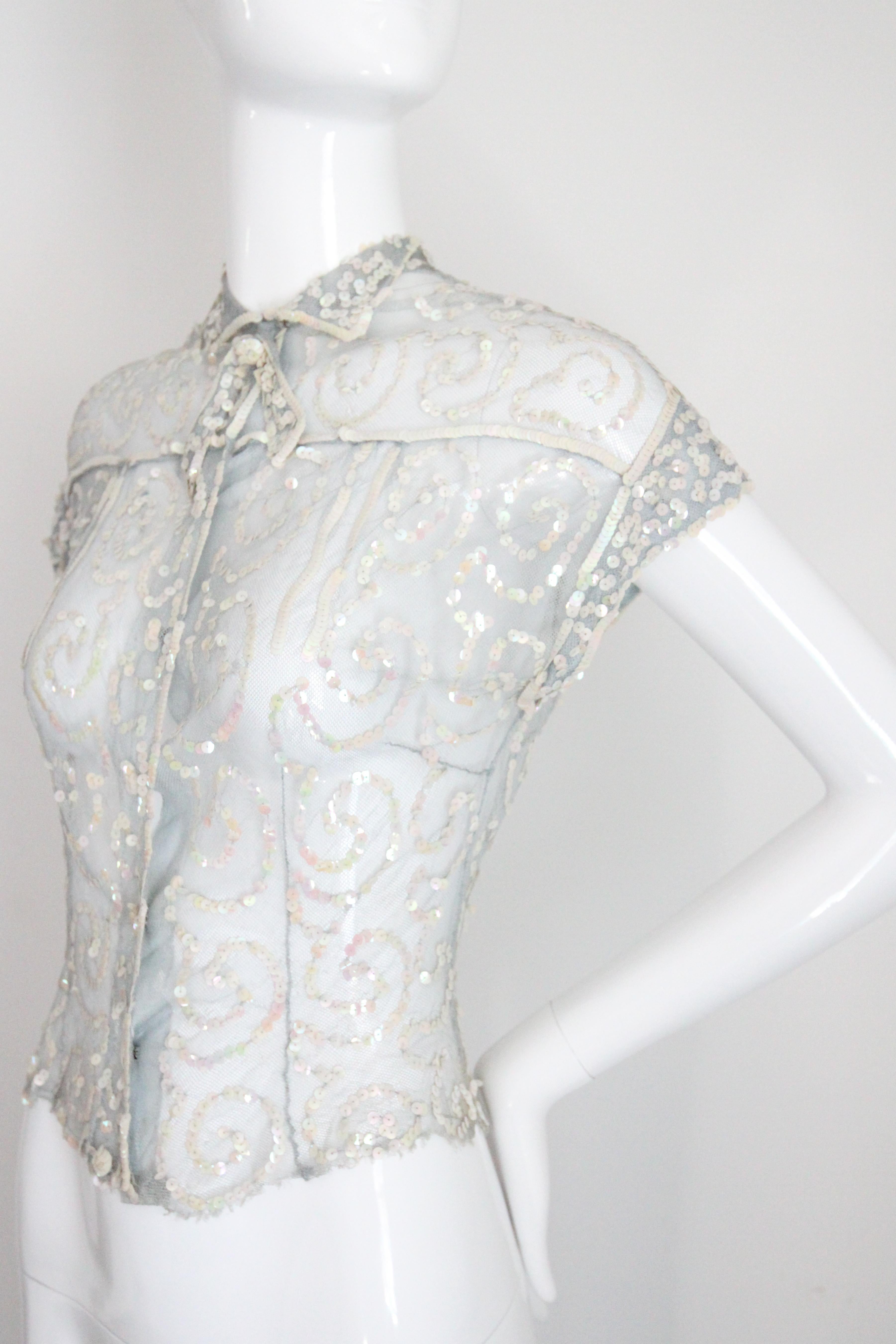 Vintage 1930's Sequin Blouse 1930's ice blue iridescent sequin top UK 8-10 For Sale 5