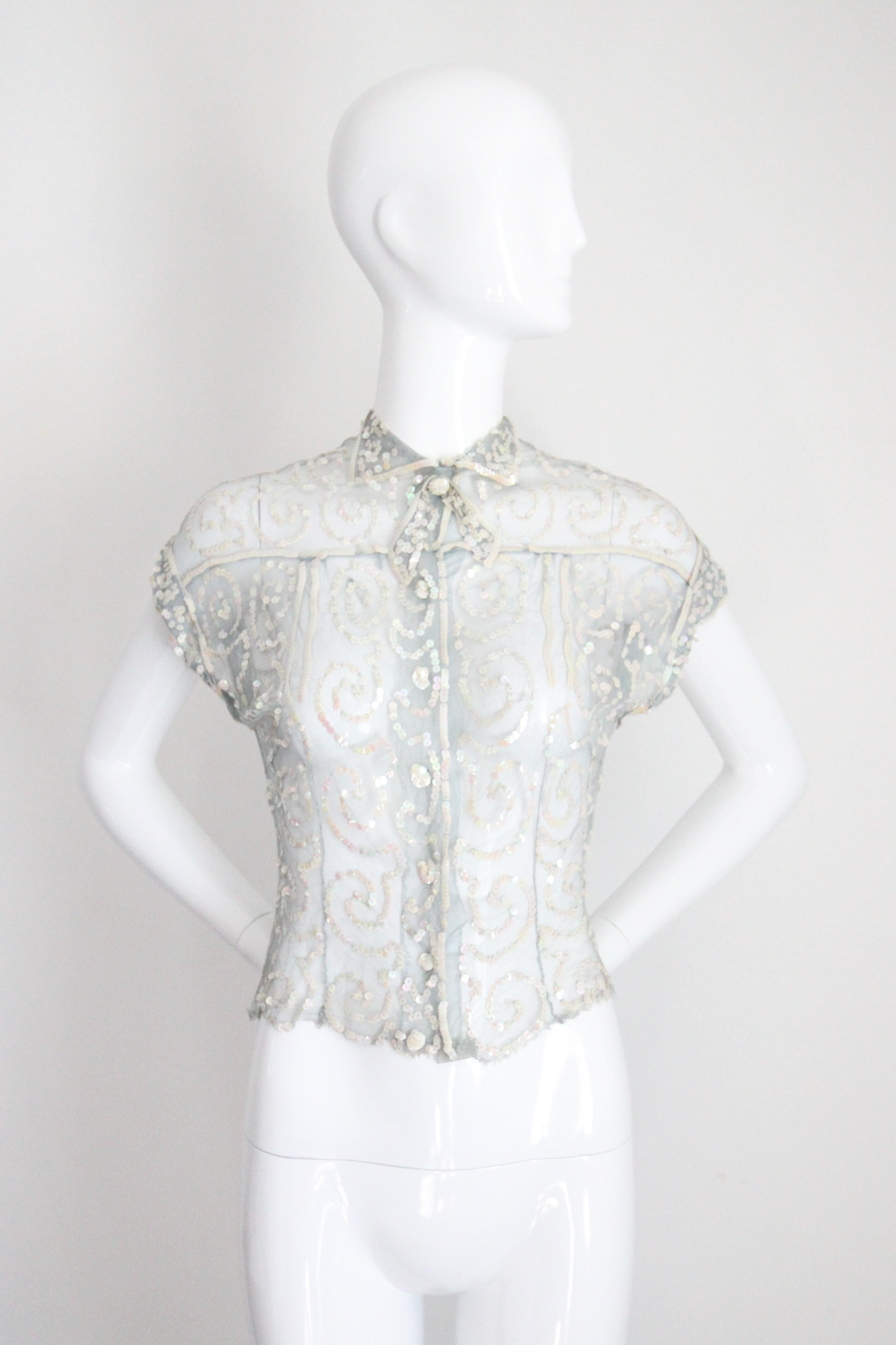 Gray Vintage 1930's Sequin Blouse 1930's ice blue iridescent sequin top UK 8-10 For Sale