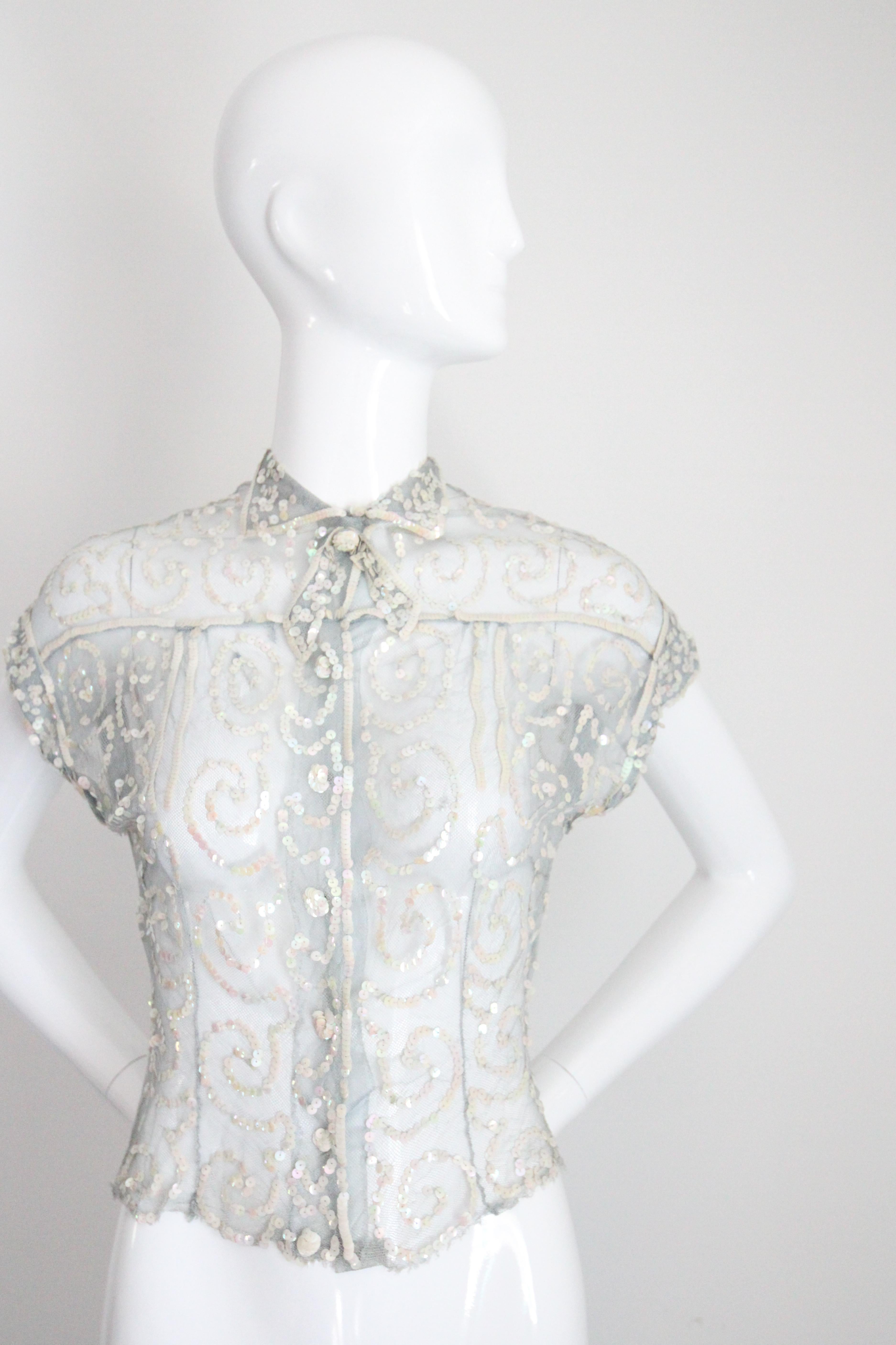 Vintage 1930's Sequin Blouse 1930's ice blue iridescent sequin top UK 8-10 In Good Condition For Sale In Cheltenham, GB