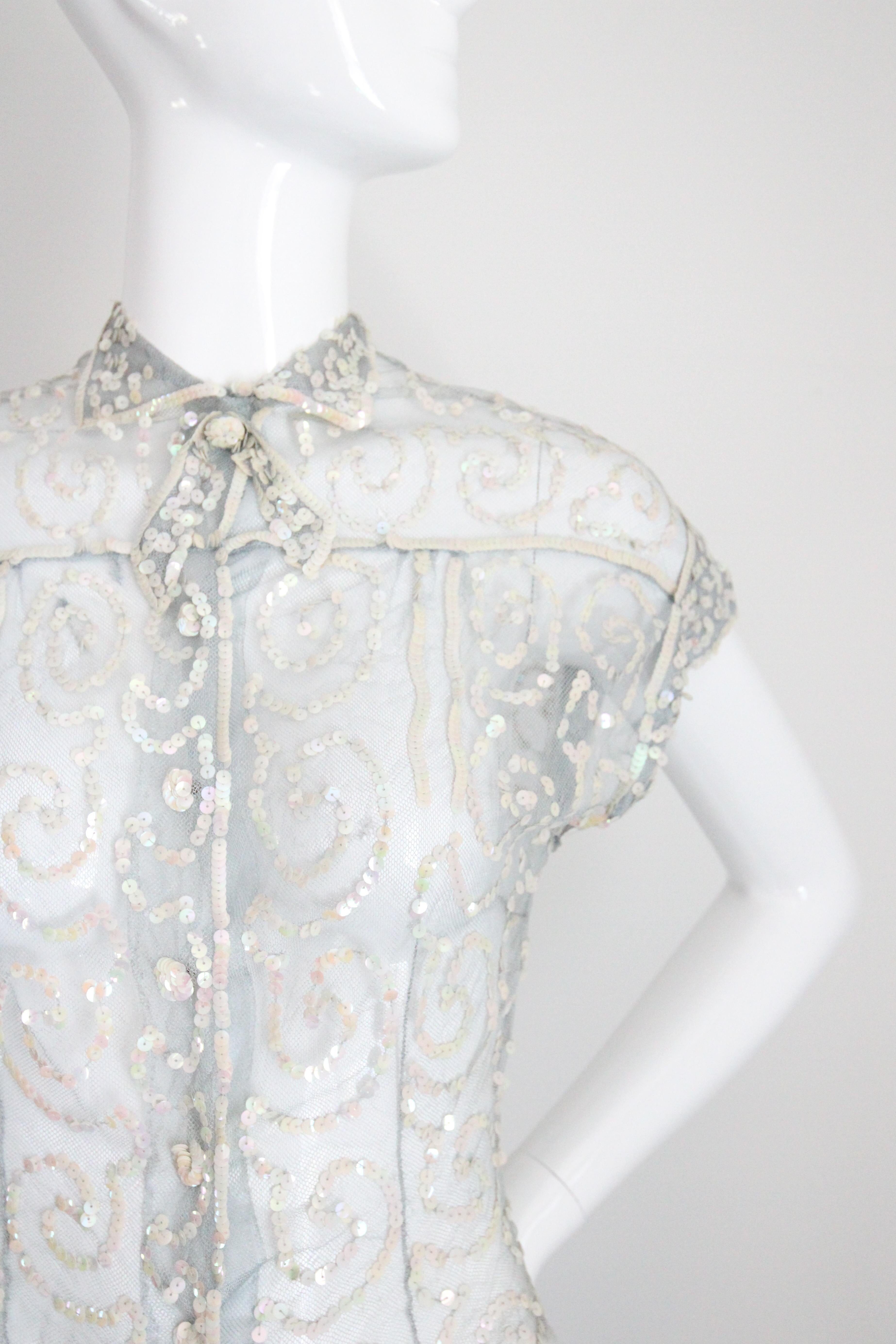 Women's Vintage 1930's Sequin Blouse 1930's ice blue iridescent sequin top UK 8-10 For Sale