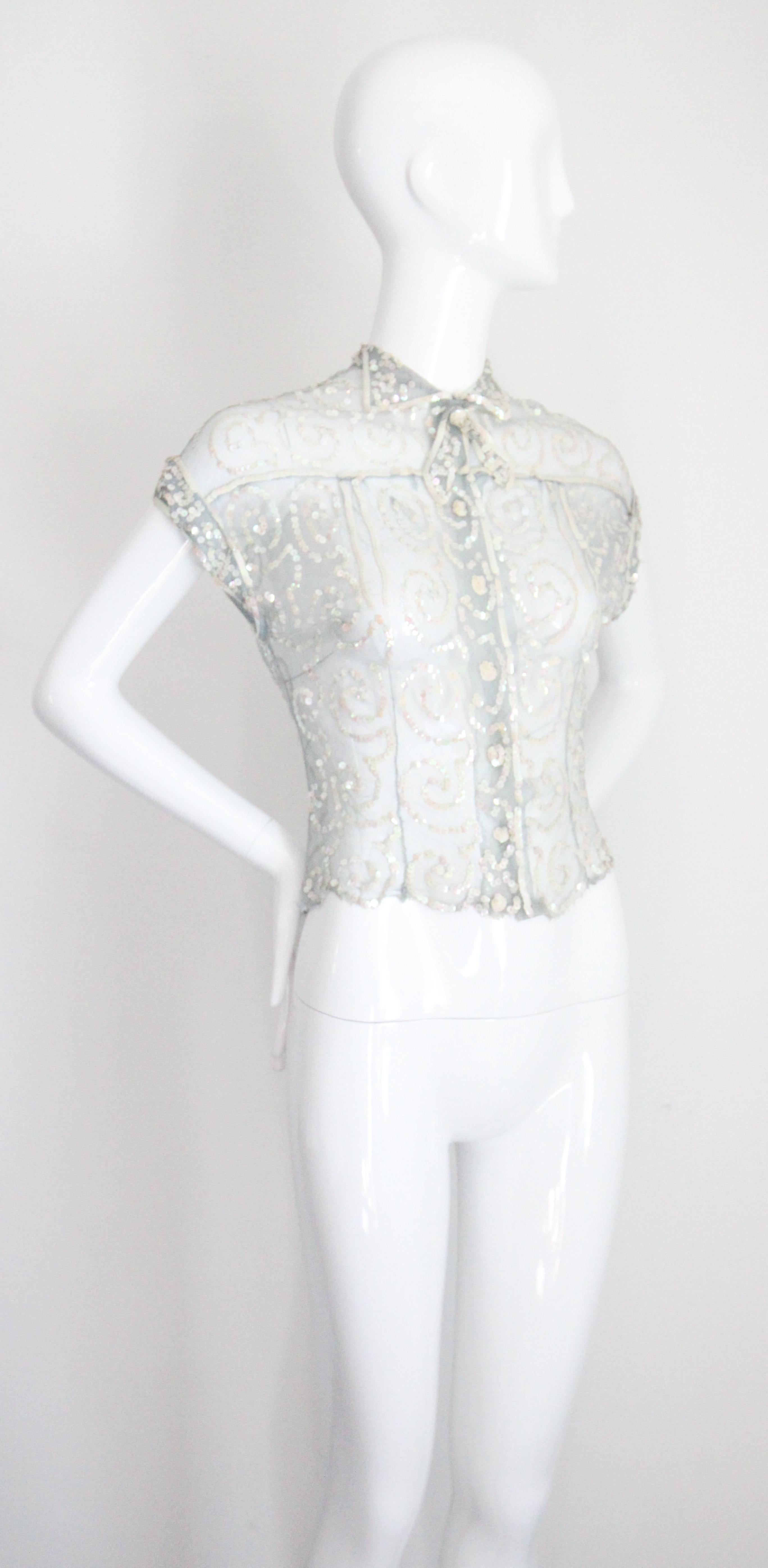 Vintage 1930's Sequin Blouse 1930's ice blue iridescent sequin top UK 8-10 For Sale 1