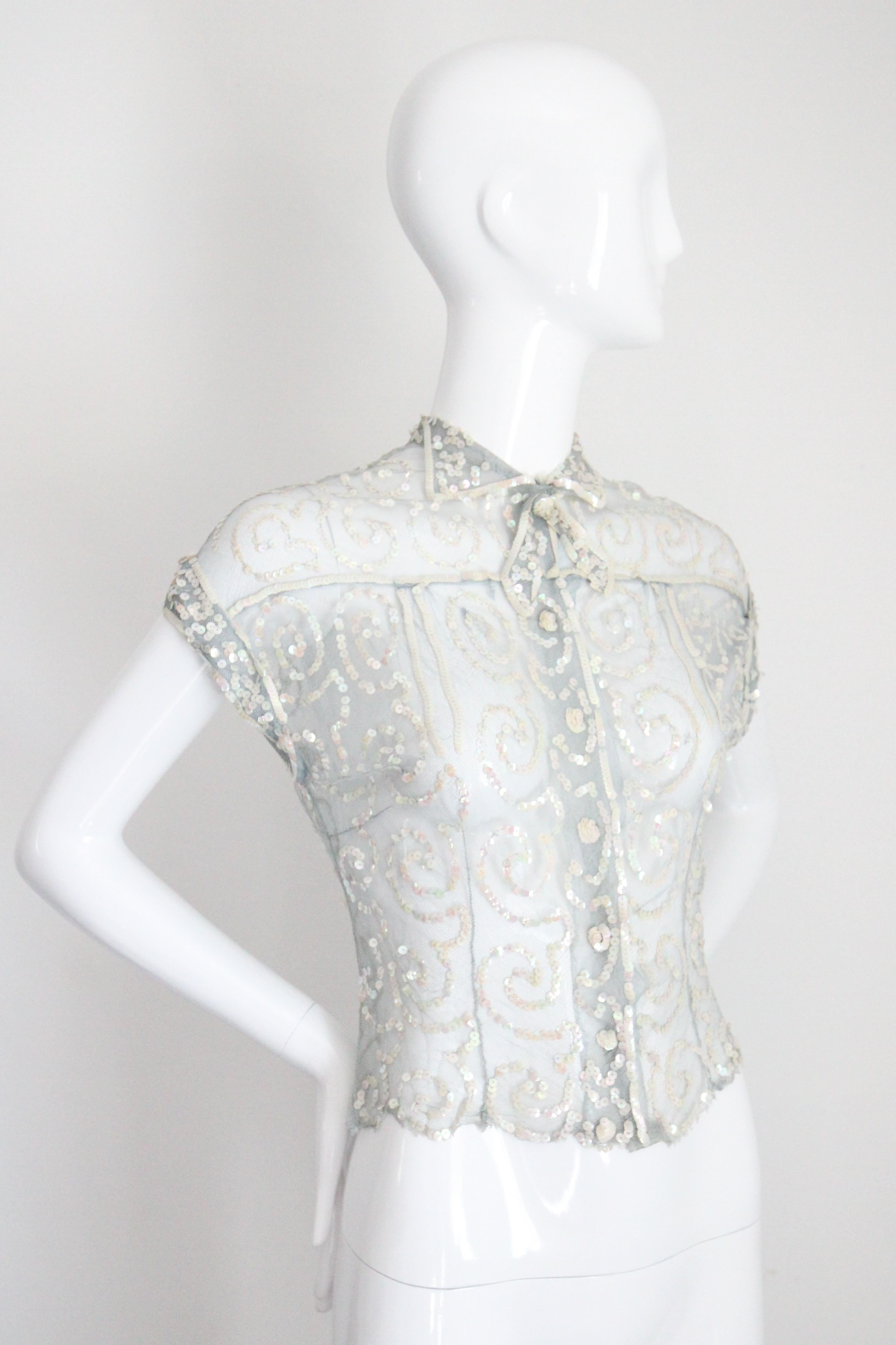 Vintage 1930's Sequin Blouse 1930's ice blue iridescent sequin top UK 8-10 For Sale 2