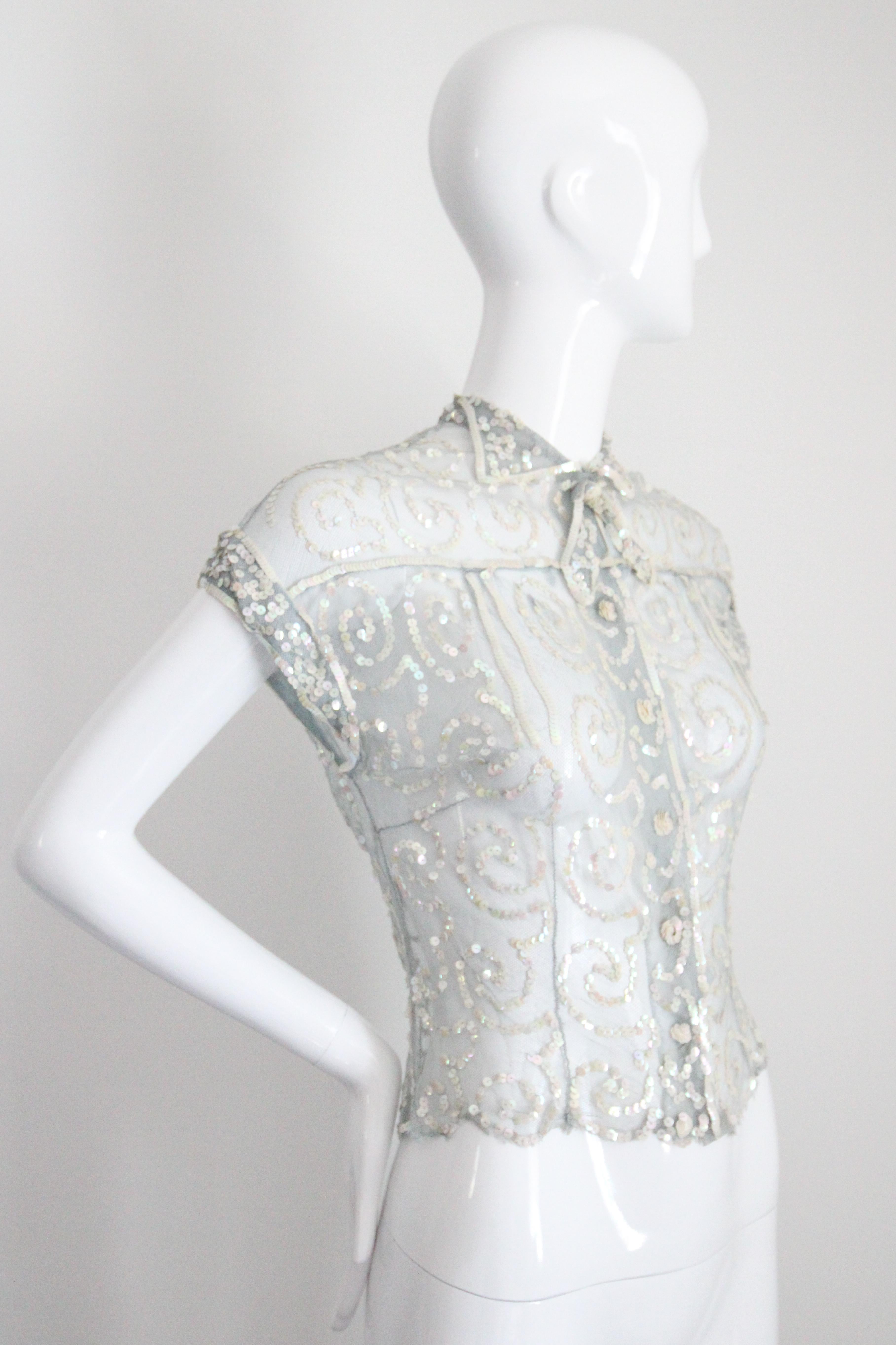 Vintage 1930's Sequin Blouse 1930's ice blue iridescent sequin top UK 8-10 For Sale 3