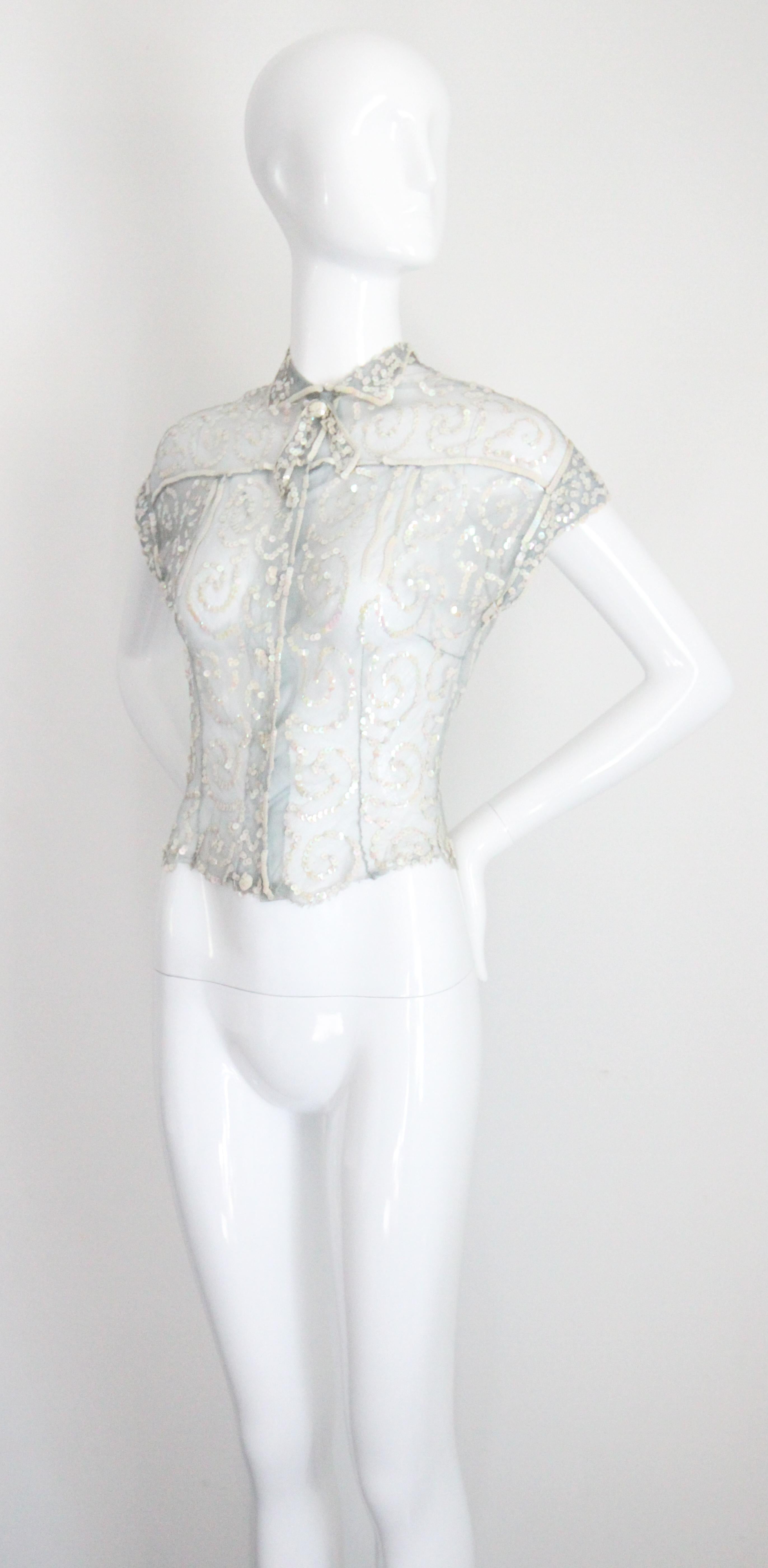 Vintage 1930's Sequin Blouse 1930's ice blue iridescent sequin top UK 8-10 For Sale 4