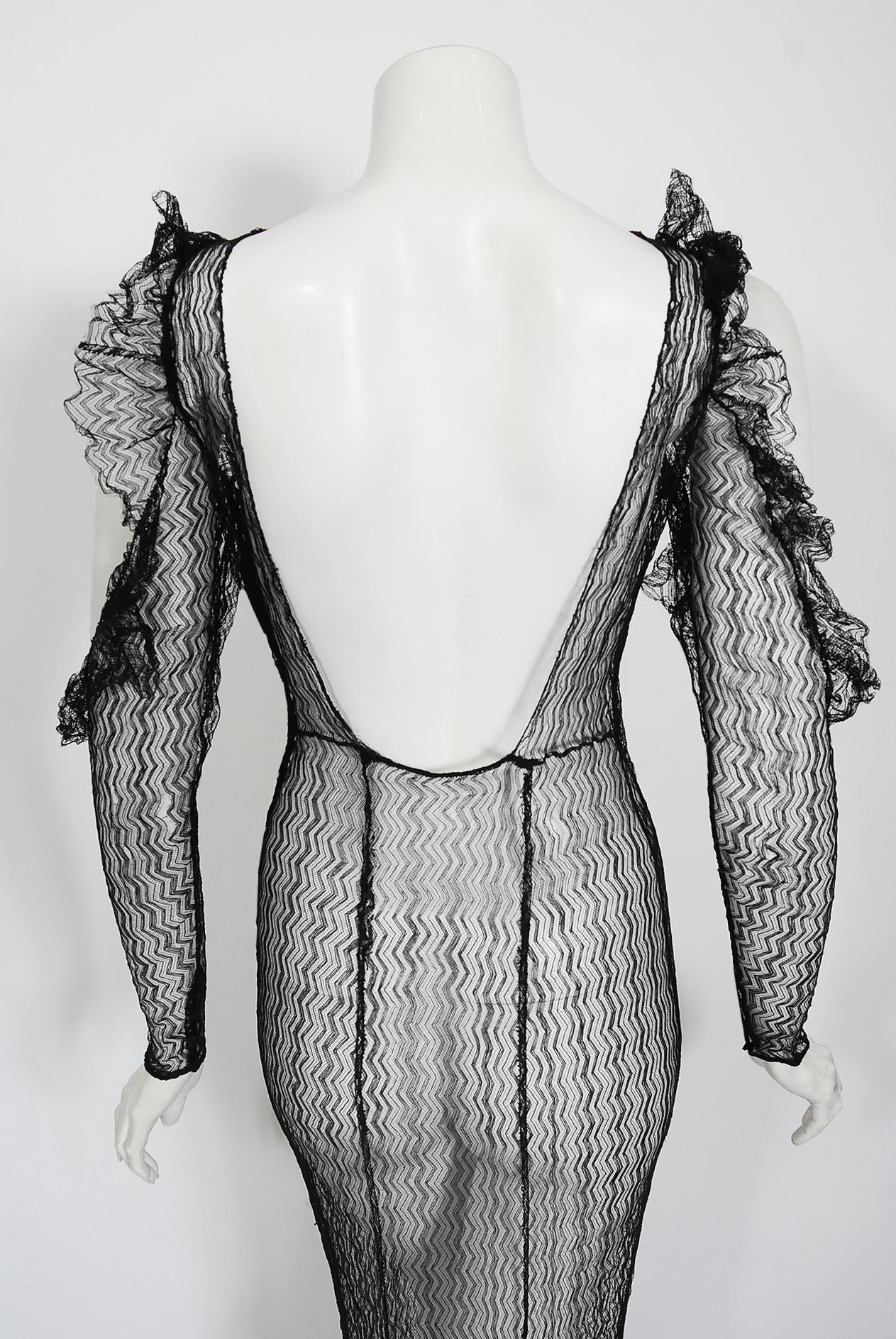 Vintage 1930's Sheer Black Lace Cut-Out Long Sleeve Bias-Cut Backless Gown 3