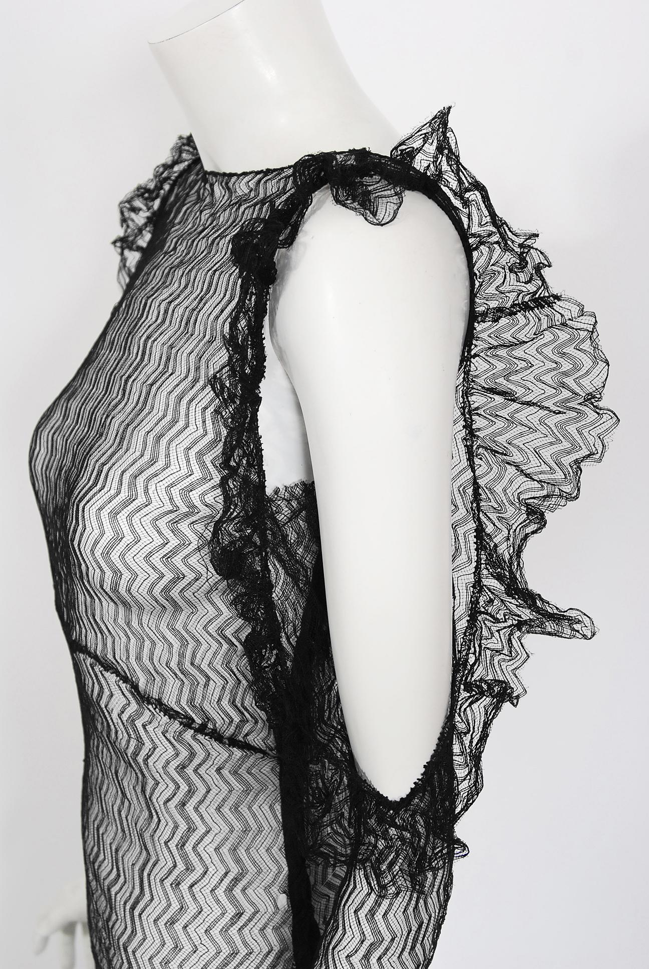 Vintage 1930's Sheer Black Lace Cut-Out Long Sleeve Bias-Cut Backless Gown In Good Condition In Beverly Hills, CA