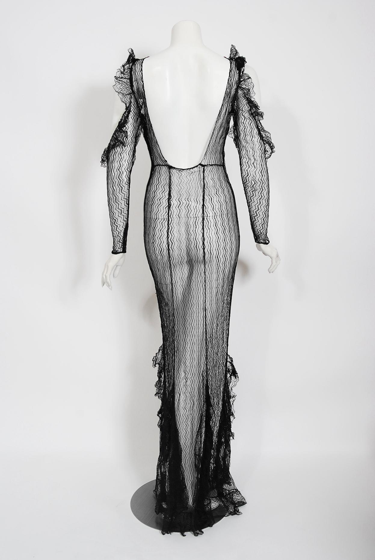 Vintage 1930's Sheer Black Lace Cut-Out Long Sleeve Bias-Cut Backless Gown 2