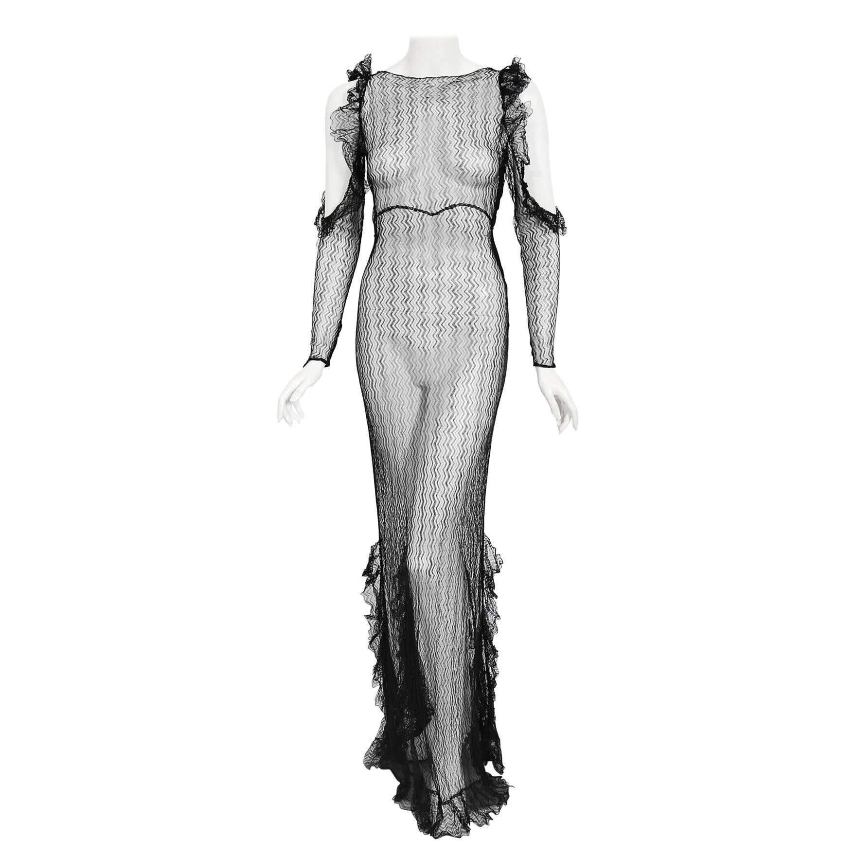 Vintage 1930's Sheer Black Lace Cut-Out Long Sleeve Bias-Cut Backless Gown