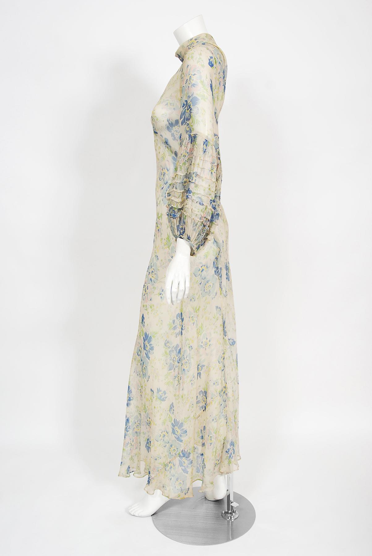 Vintage 1930's Sheer Floral Print Chiffon Pintuck Billow-Sleeve Bias Cut Gown 4