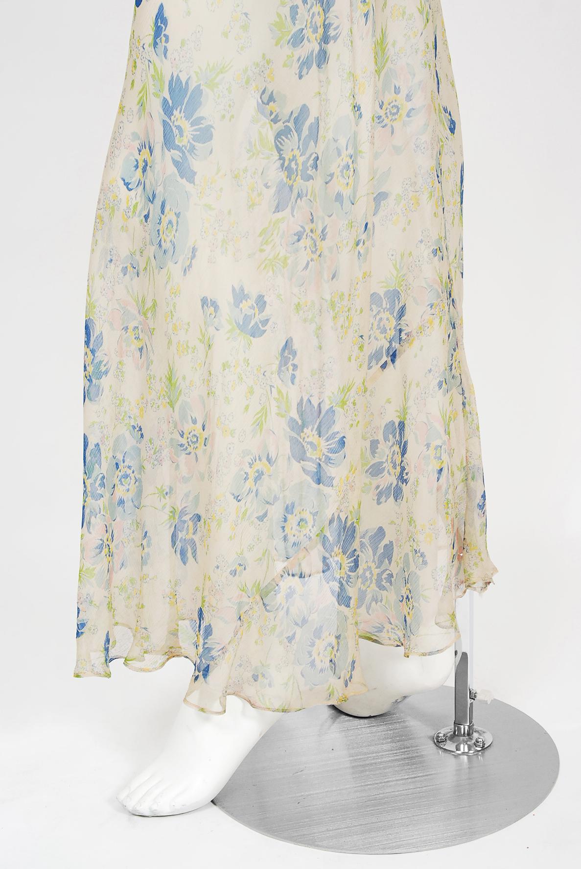 Vintage 1930's Sheer Floral Print Chiffon Pintuck Billow-Sleeve Bias Cut Gown 5